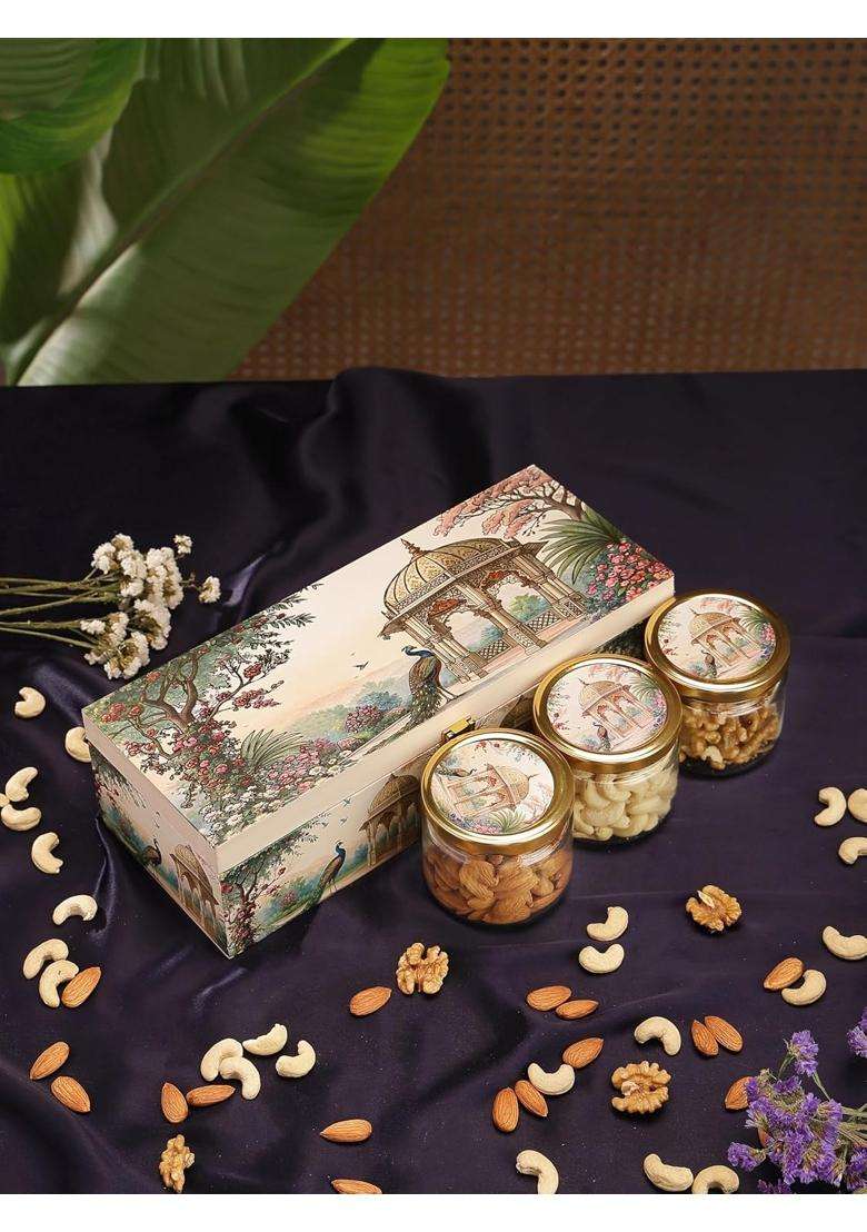 Goldsphere Global 3 Jar Dry Fruit Gift Hamper Almond Plus Cashew Plus Walnut Gold Royal Wooden Box - Indya