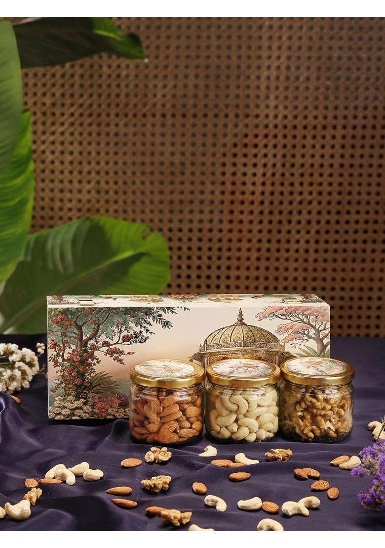 Goldsphere Global 3 Jar Dry Fruit Gift Hamper Almond Plus Cashew Plus Walnut Gold Royal Wooden Box - Indya