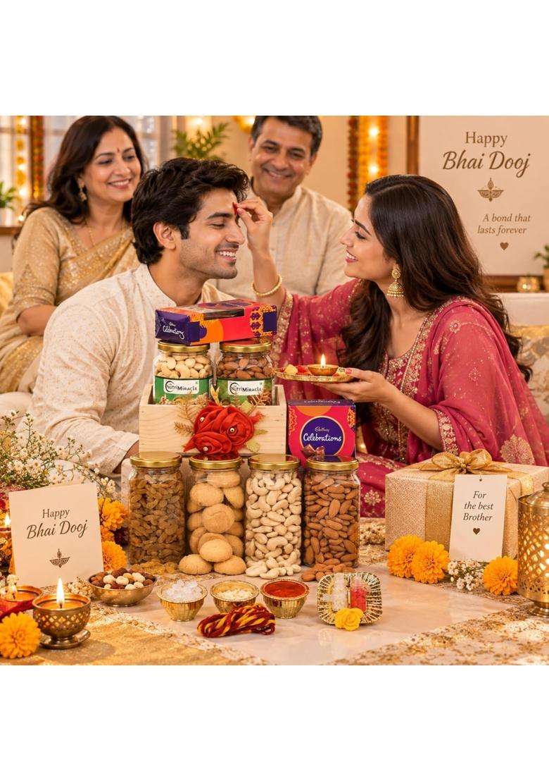 Nutri Miracle Bhaidooj Tilak Kit with Assorted Dry Fruits Hamper - Indya