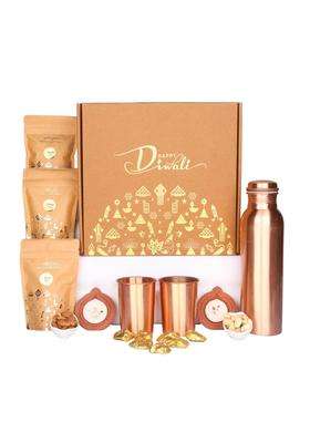 The Gift Tree Premium Diwali Treat Copper Glasses Almonds Cashews Hamper with Dry Fruits Chocolates Pack of 7