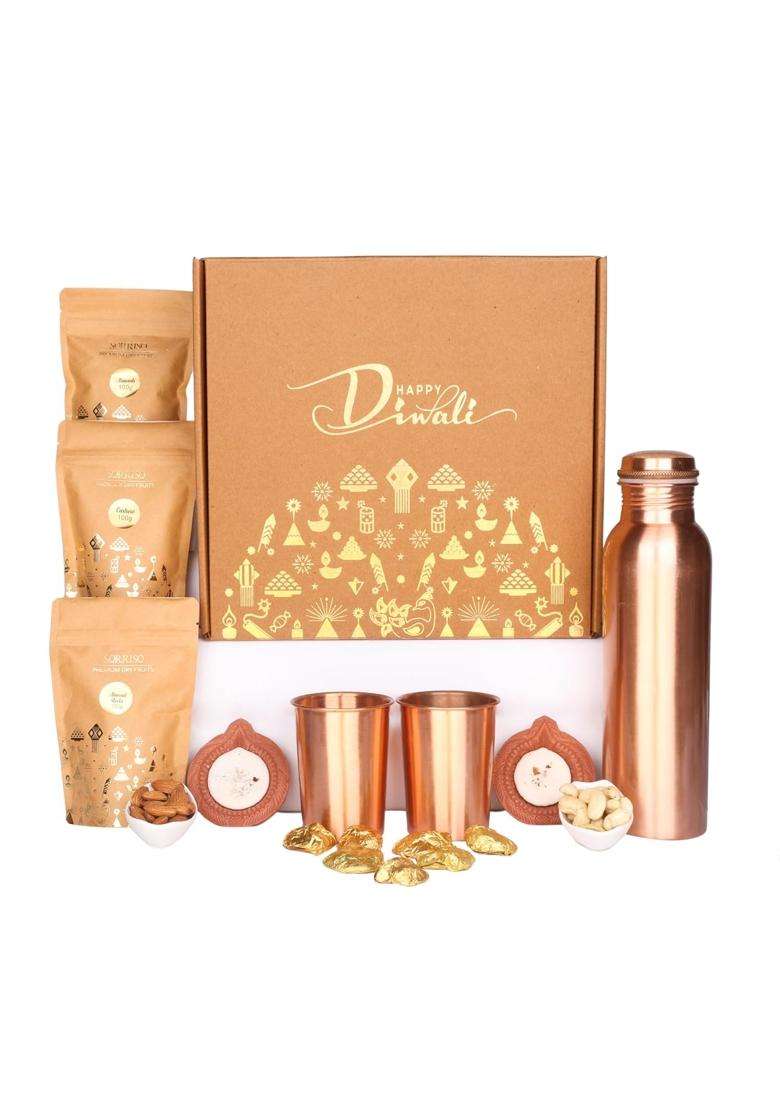 The Gift Tree Premium Diwali Treat Copper Glasses Almonds Cashews Hamper with Dry Fruits Chocolates Pack of 7 - Indya