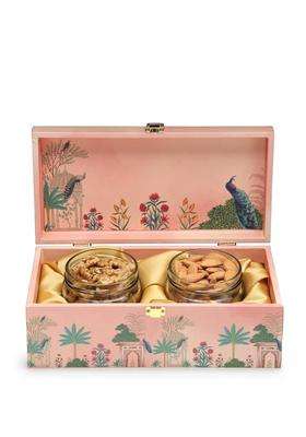Goldsphere Global 2 Jar Dry Fruit Gift Hamper Almond Plus Walnut Pink Royal Wooden Box Premium Nuts Gift Pack
