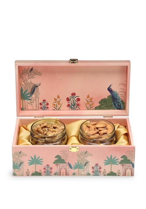 Goldsphere Global 2 Jar Dry Fruit Gift Hamper Almond Plus Walnut Pink Royal Wooden Box Premium Nuts Gift Pack