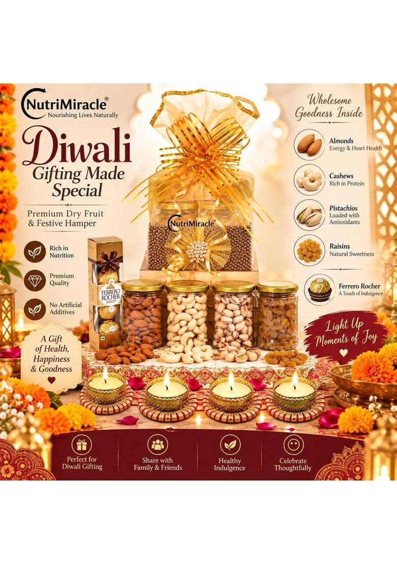Nutri Miracle Dry Fruits Chocolate Nuts Hamper Family Guests Corporate Gift with Diwali Greeting Card - Indya