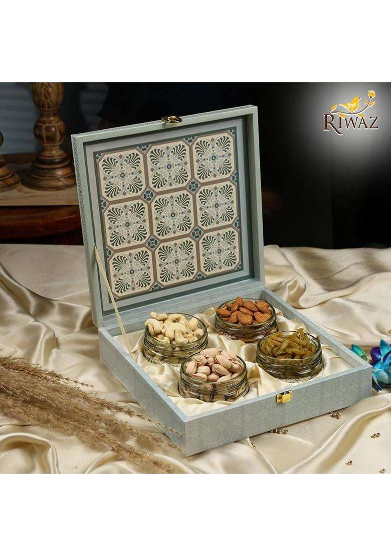 Riwaz Luxury Square Dry Fruits Gift Box 4 Salsa Jars with Almonds Cashews Pistachios and Raisins - Indya