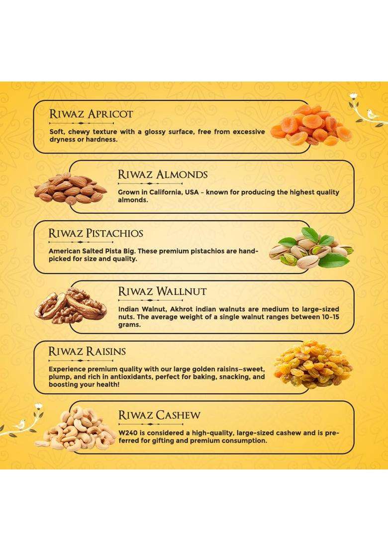 Riwaz Luxury Square Dry Fruits Gift Box 4 Salsa Jars with Almonds Cashews Pistachios and Raisins - Indya