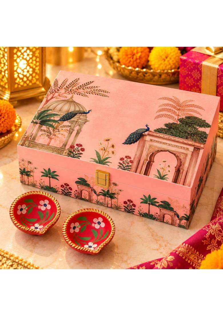 SSS SAB SE Special Diwali 4 Jar Dry Fruit Gift Hamper with 2 Diyas Almonds Cashews Pistachios and Raisins - Indya
