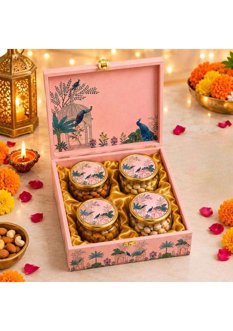 SSS SAB SE Special Diwali 4 Jar Dry Fruit Gift Hamper with 2 Diyas Almonds Cashews Pistachios and Raisins - Indya
