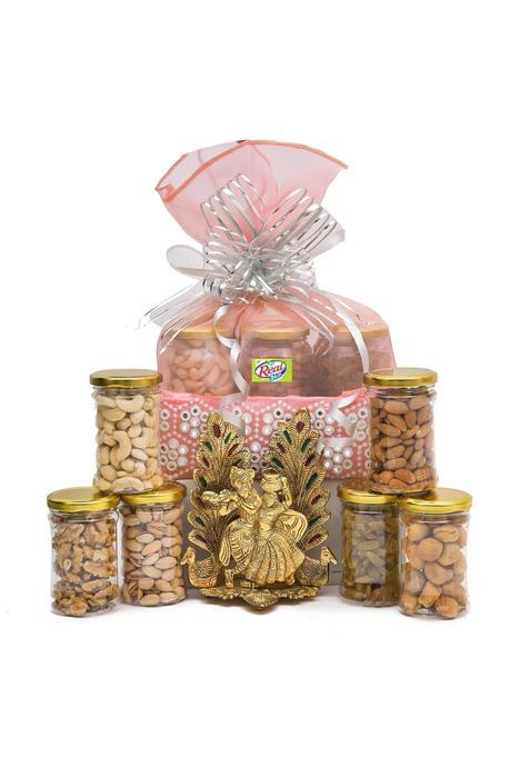 VT REAL Nutri Dry Fruit and Nut and Radha Krishna Ji Home Decor Show Piece Pink Gift Basket Gift Box Gift Pack