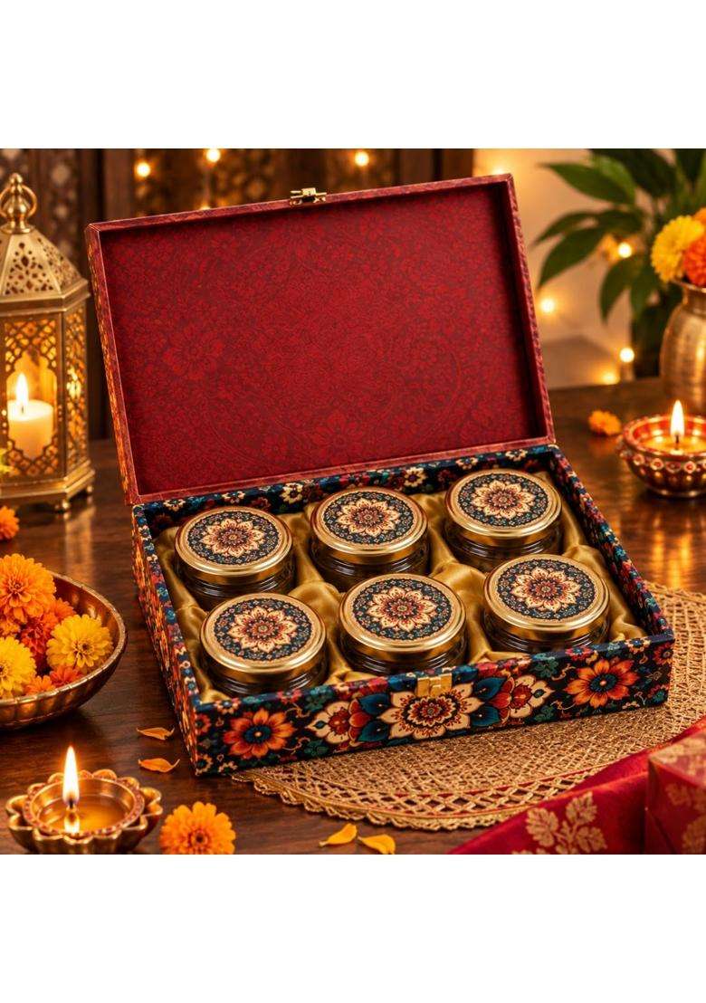 SSS SAB SE Special Diwali 6 Jar Dry Fruit Gift Hamper Floral Printed Gift Box with 6 Dry Fruit Jars - Indya
