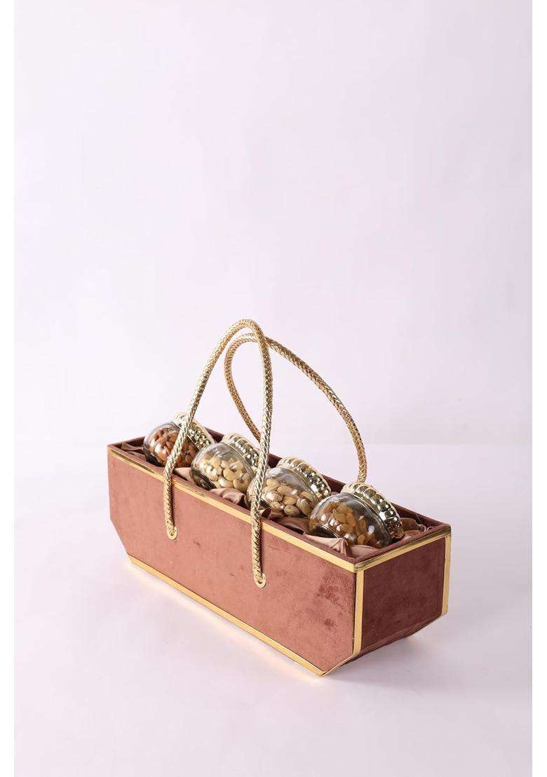 Nutty Delights Premium Velvet Nut Basket with 4 Dry Fruit Jars and Golden Handles - Indya