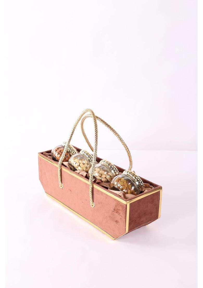 Nutty Delights Premium Velvet Nut Basket with 4 Dry Fruit Jars and Golden Handles - Indya
