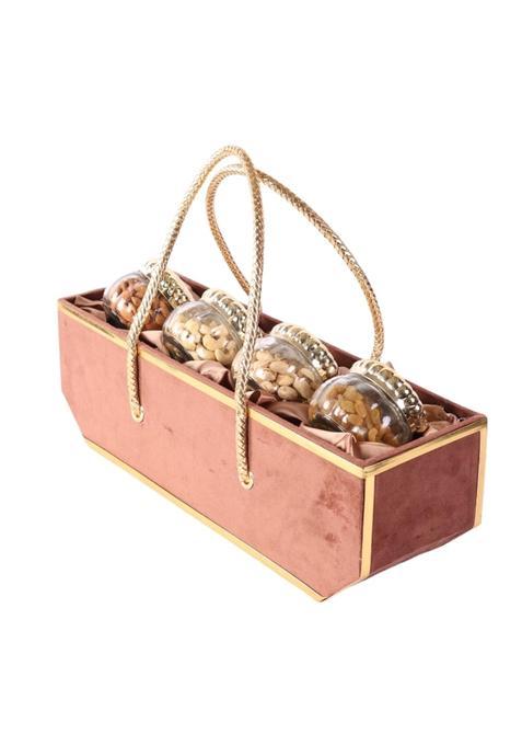 Nutty Delights Premium Velvet Nut Basket with 4 Dry Fruit Jars and Golden Handles