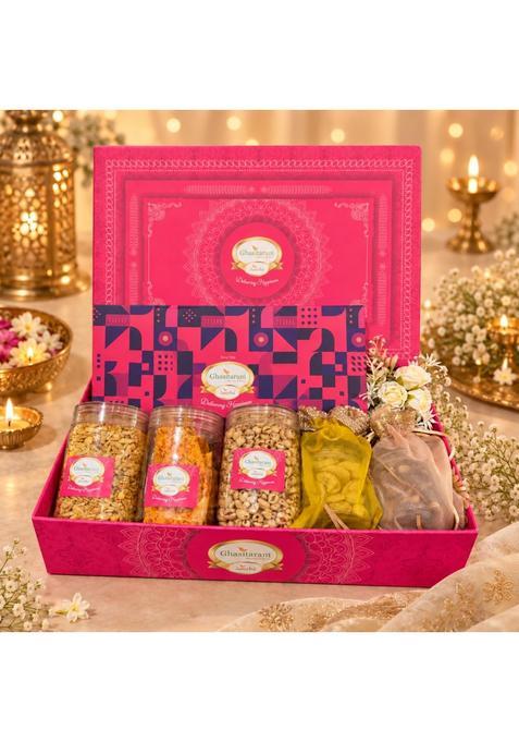 Ghasitaram Gifts Jaiccha Pink Hamper Box with Assorted Sweets Namkeen and Dry Fruits