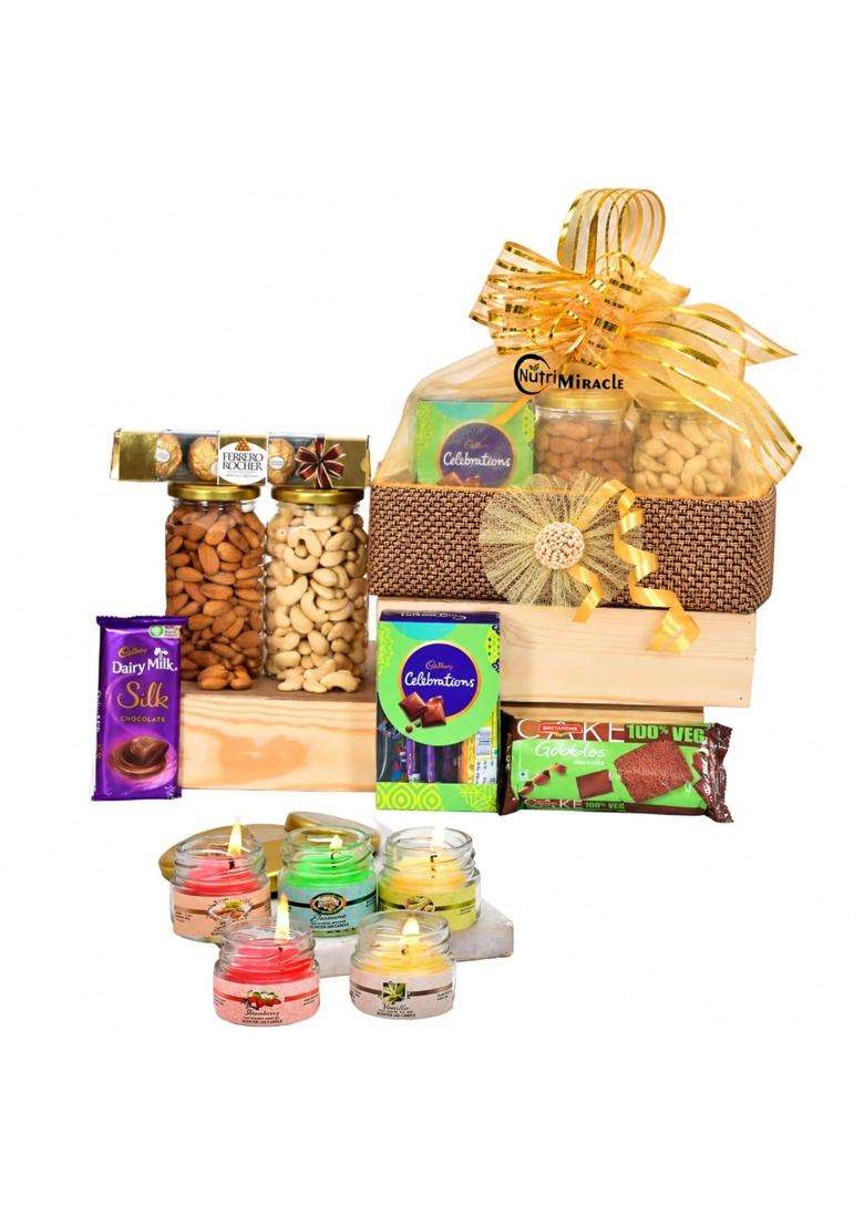 Nutri Miracle Diwali Chocolate Dry Fruits Nuts Gift Basket Festive Hampers with Candles - Indya
