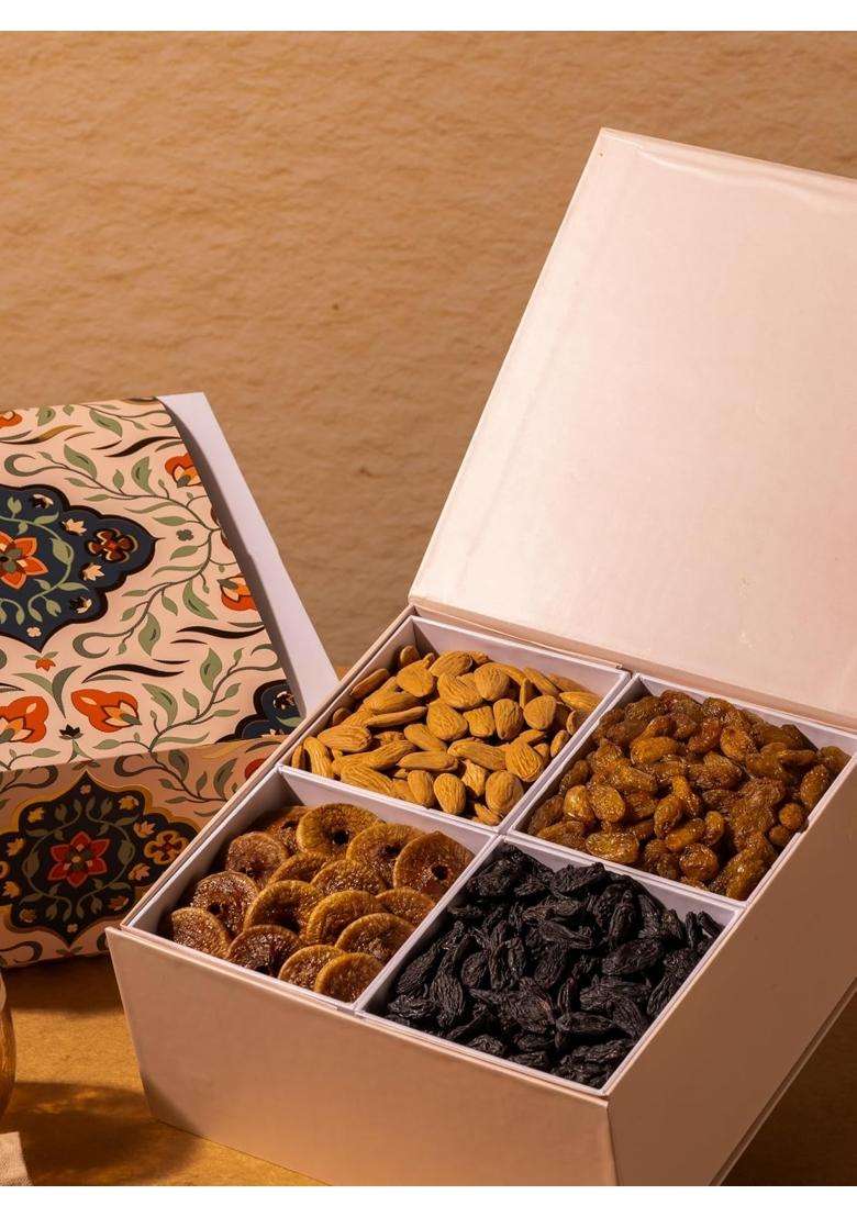 Food Square Multicolour Luxury Dry Fruit Box Gift Hamper with Mamra Almonds Figs and Munakkas - Indya
