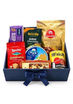 Blue Premium Diwali Gift Hamper Imported Gourmet Gift Box with Dubai Kunafa Chocolate Loacker Wafer Cookies