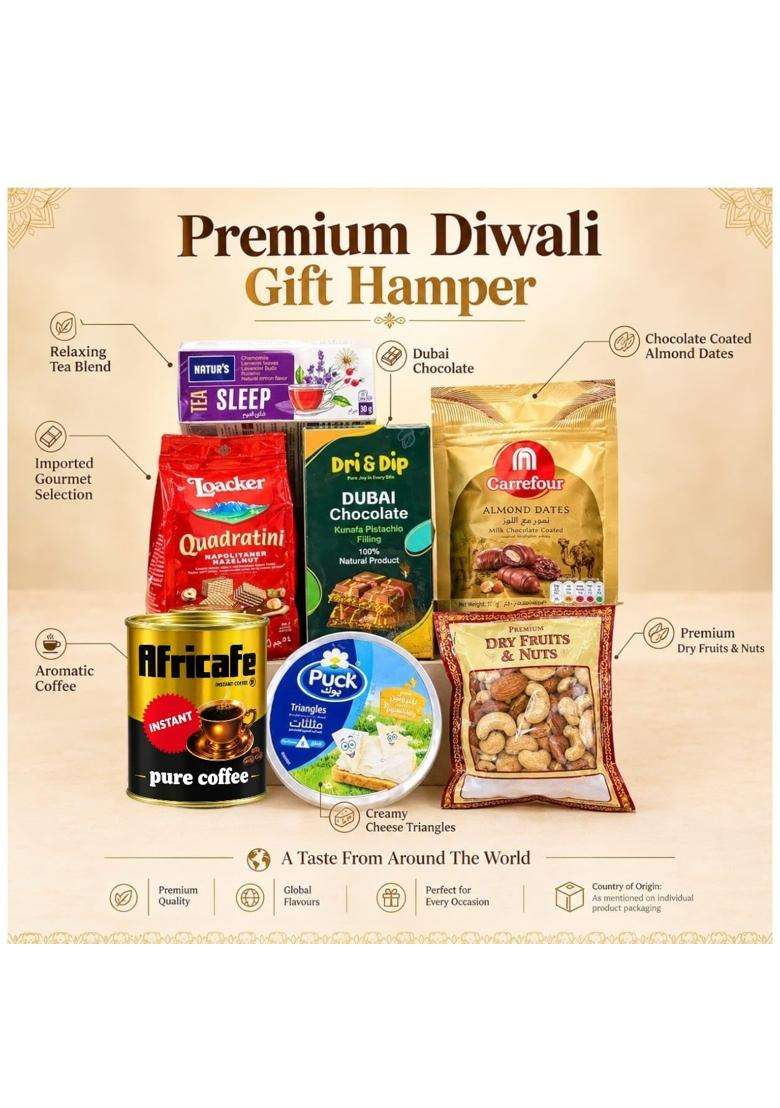 Blue Premium Diwali Gift Hamper Imported Gourmet Gift Box with Dubai Kunafa Chocolate Loacker Wafer Cookies - Indya