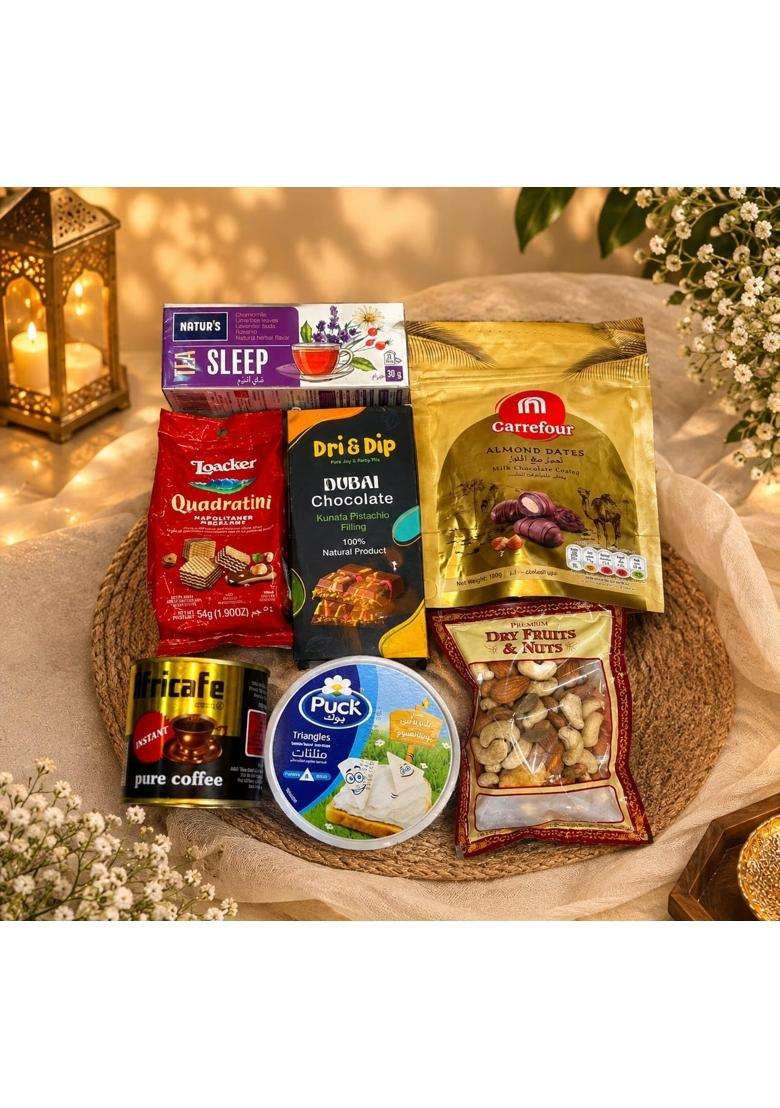 Blue Premium Diwali Gift Hamper Imported Gourmet Gift Box with Dubai Kunafa Chocolate Loacker Wafer Cookies - Indya