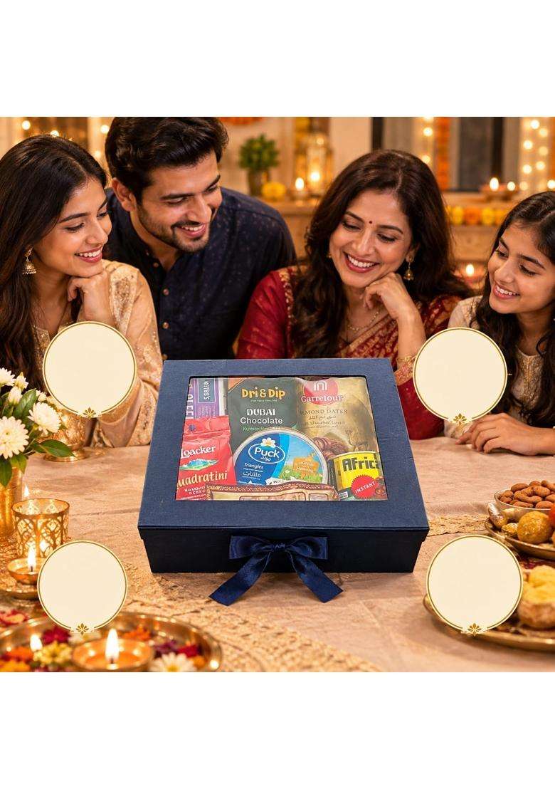 Blue Premium Diwali Gift Hamper Imported Gourmet Gift Box with Dubai Kunafa Chocolate Loacker Wafer Cookies - Indya