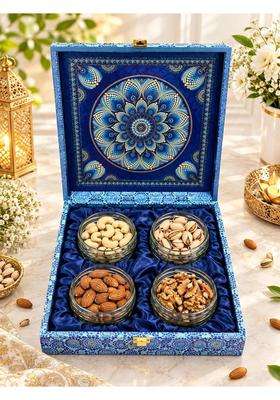 Riwaz Nazar Battu MDF 4 Jar Dry Fruit Gift Box with Almonds Cashews Pistachios and Walnuts