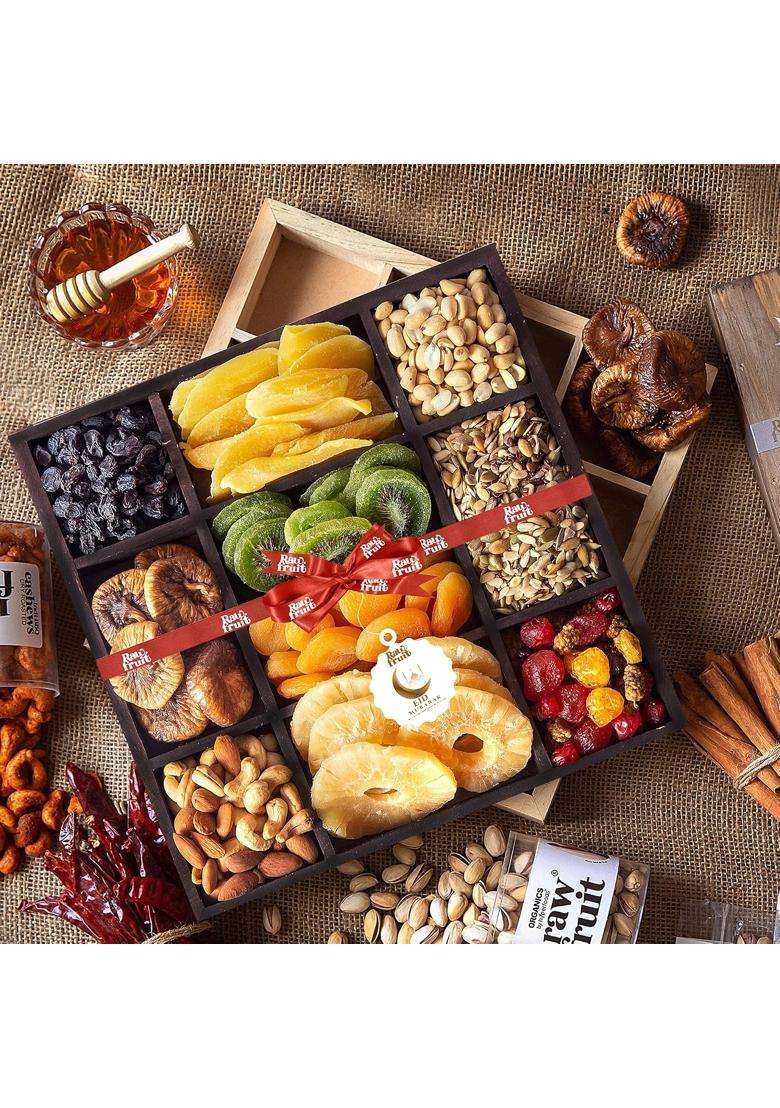 Hyperfoods Rawfruit Dry Fruit Gift Pack Tropical Fruits Dark Wood Gift Hamper - Indya