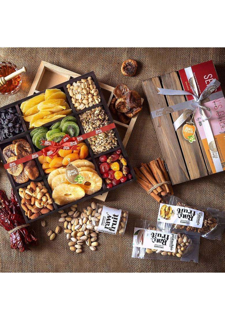 Hyperfoods Rawfruit Dry Fruit Gift Pack Tropical Fruits Dark Wood Gift Hamper - Indya