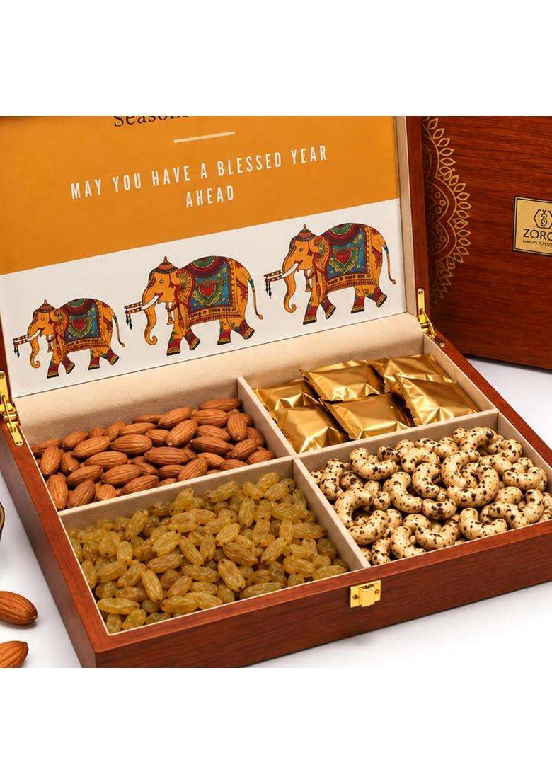 Zoroy Wooden Box Dry Fruit and Chocolate Hamper Diwali Corporate Gifts - Indya