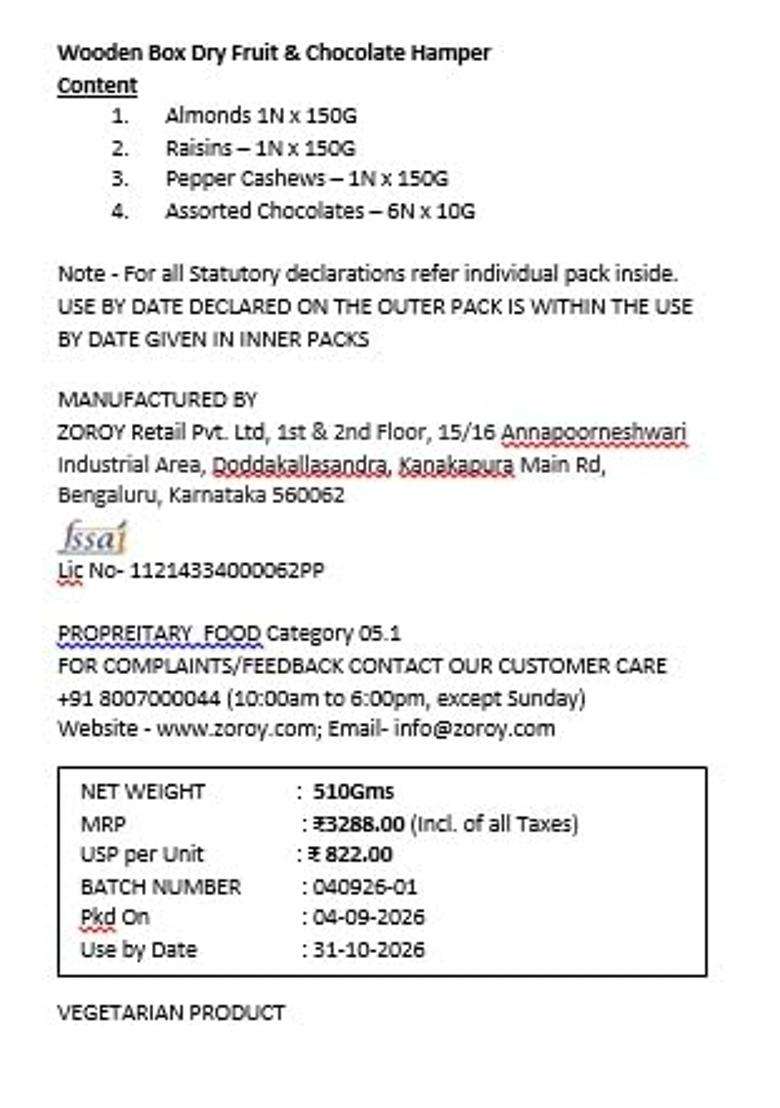 Zoroy Wooden Box Dry Fruit and Chocolate Hamper Diwali Corporate Gifts - Indya