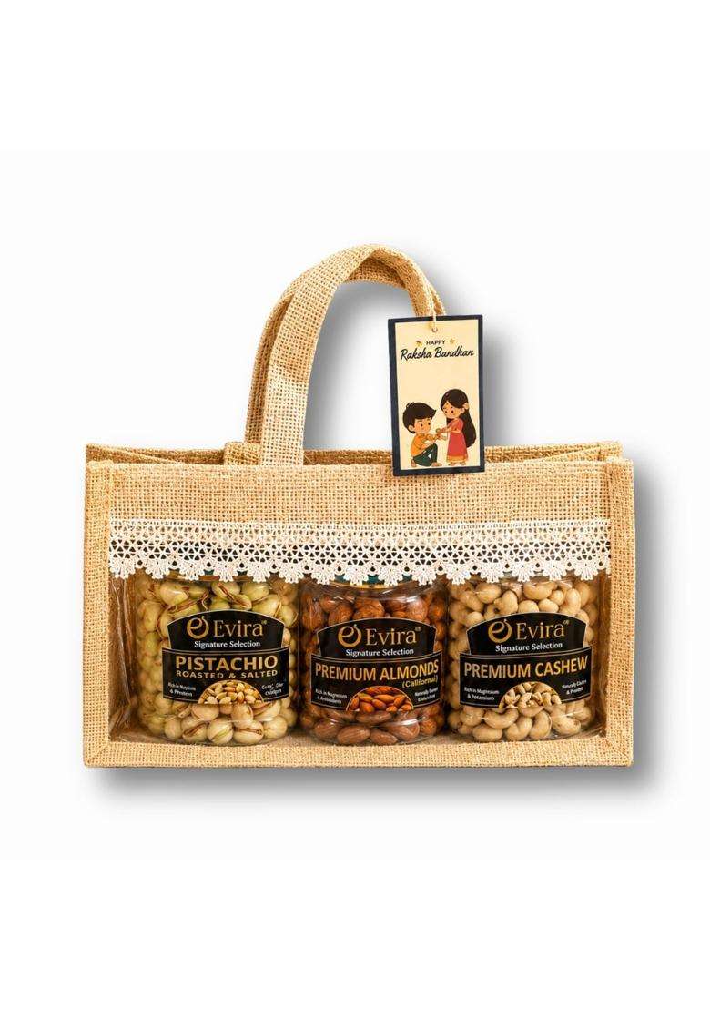 Evira Rakhi Gift Hamper for Brother Premium Dry Fruits Combo with Cashews Almonds and Pistachios 200G Each - Indya