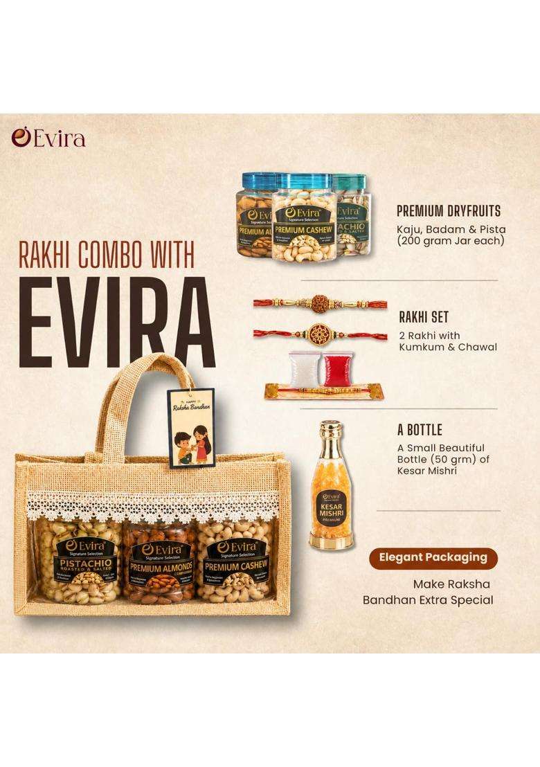 Evira Rakhi Gift Hamper for Brother Premium Dry Fruits Combo with Cashews Almonds and Pistachios 200G Each - Indya