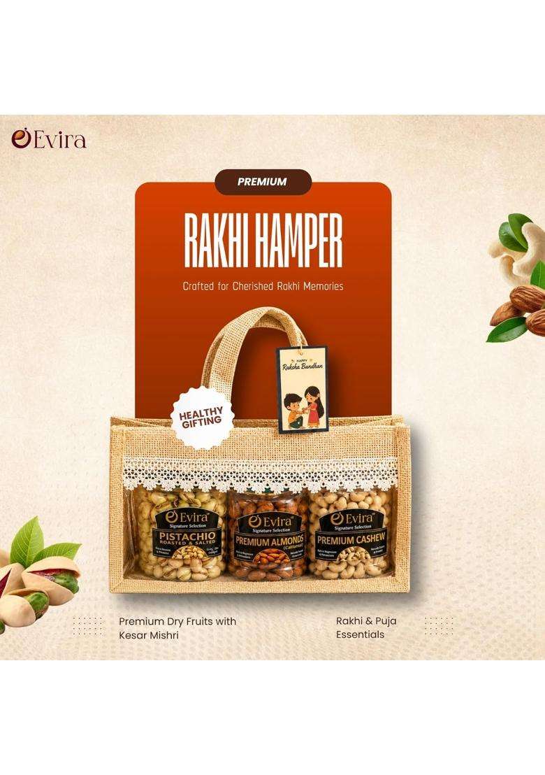 Evira Rakhi Gift Hamper for Brother Premium Dry Fruits Combo with Cashews Almonds and Pistachios 200G Each - Indya