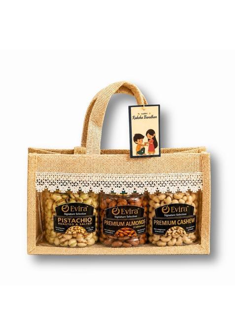 Evira Rakhi Gift Hamper for Brother Premium Dry Fruits Combo with Cashews Almonds and Pistachios 200G Each