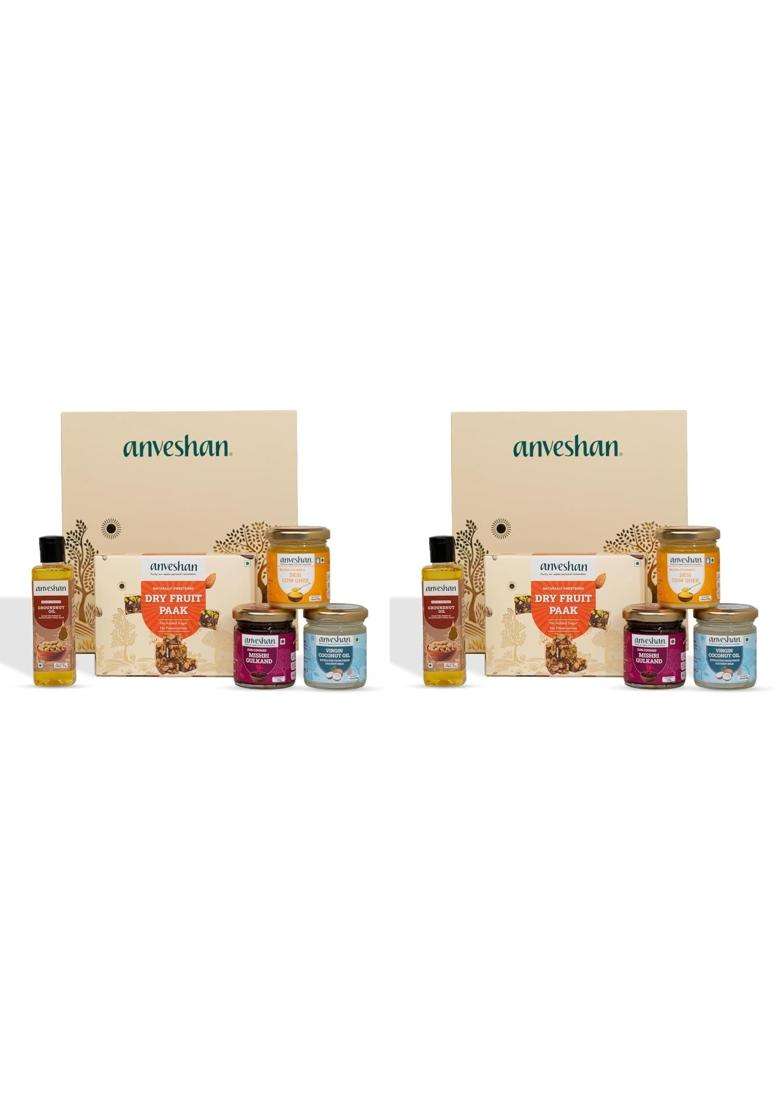 Anveshan Diwali Gift Hamper Dry Fruit Paak A2 Desi Cow Ghee Wood Pressed Groundnut Oil Pack of 2 - Indya