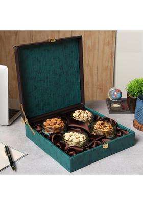 Riwaz Premium Velvet Dry Fruit Gift Box Elegant Teal Hamper with 4 Glass Jars Almonds Cashews Pistachios