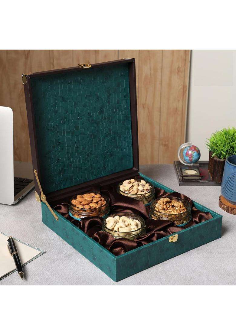 Riwaz Premium Velvet Dry Fruit Gift Box Elegant Teal Hamper with 4 Glass Jars Almonds Cashews Pistachios - Indya