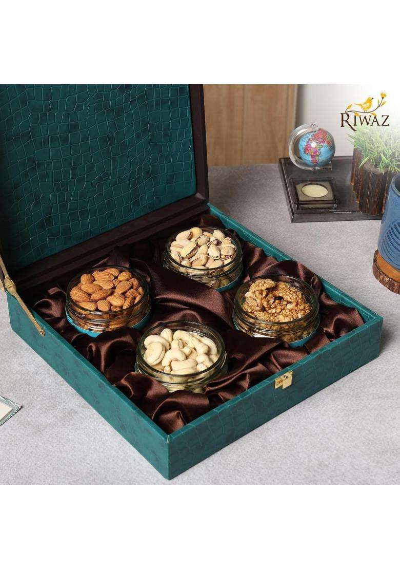 Riwaz Premium Velvet Dry Fruit Gift Box Elegant Teal Hamper with 4 Glass Jars Almonds Cashews Pistachios - Indya