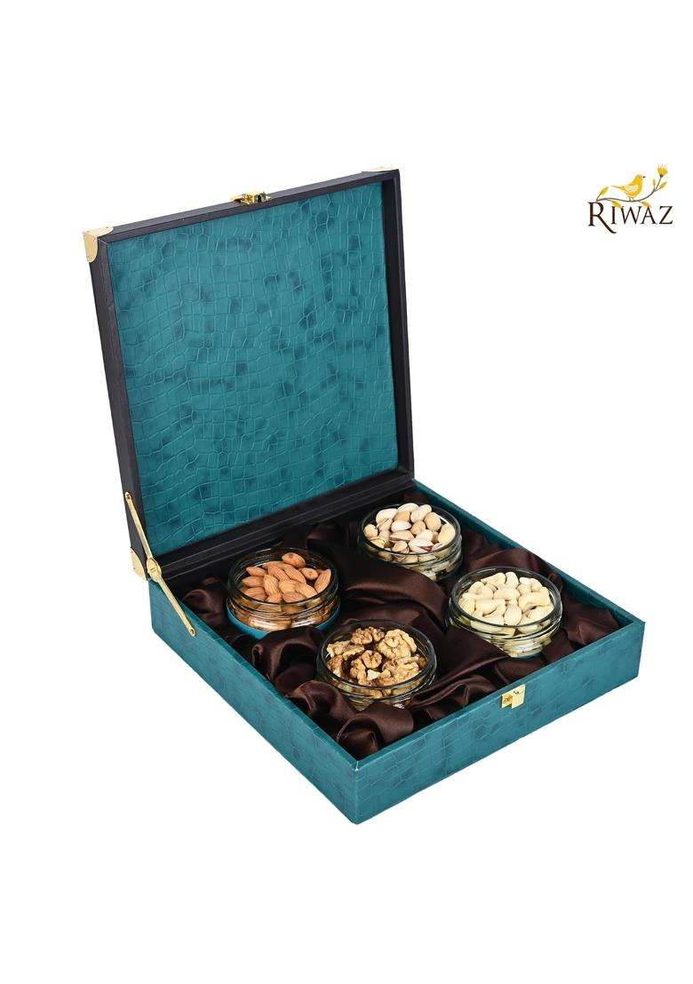 Riwaz Premium Velvet Dry Fruit Gift Box Elegant Teal Hamper with 4 Glass Jars Almonds Cashews Pistachios - Indya