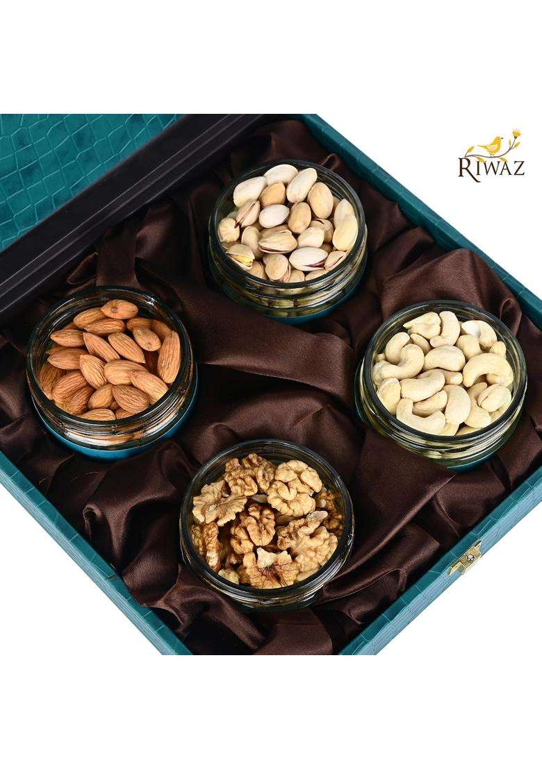 Riwaz Premium Velvet Dry Fruit Gift Box Elegant Teal Hamper with 4 Glass Jars Almonds Cashews Pistachios - Indya