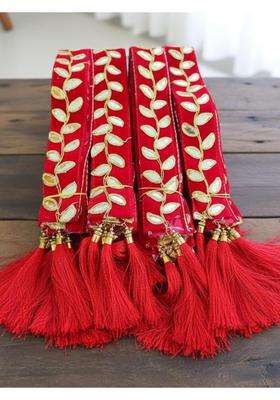 Moh and Maya Baarat Swagat Decorative Red Velvet Mala for Wedding and Guests Lace Trim with Gold Leaf Pattern