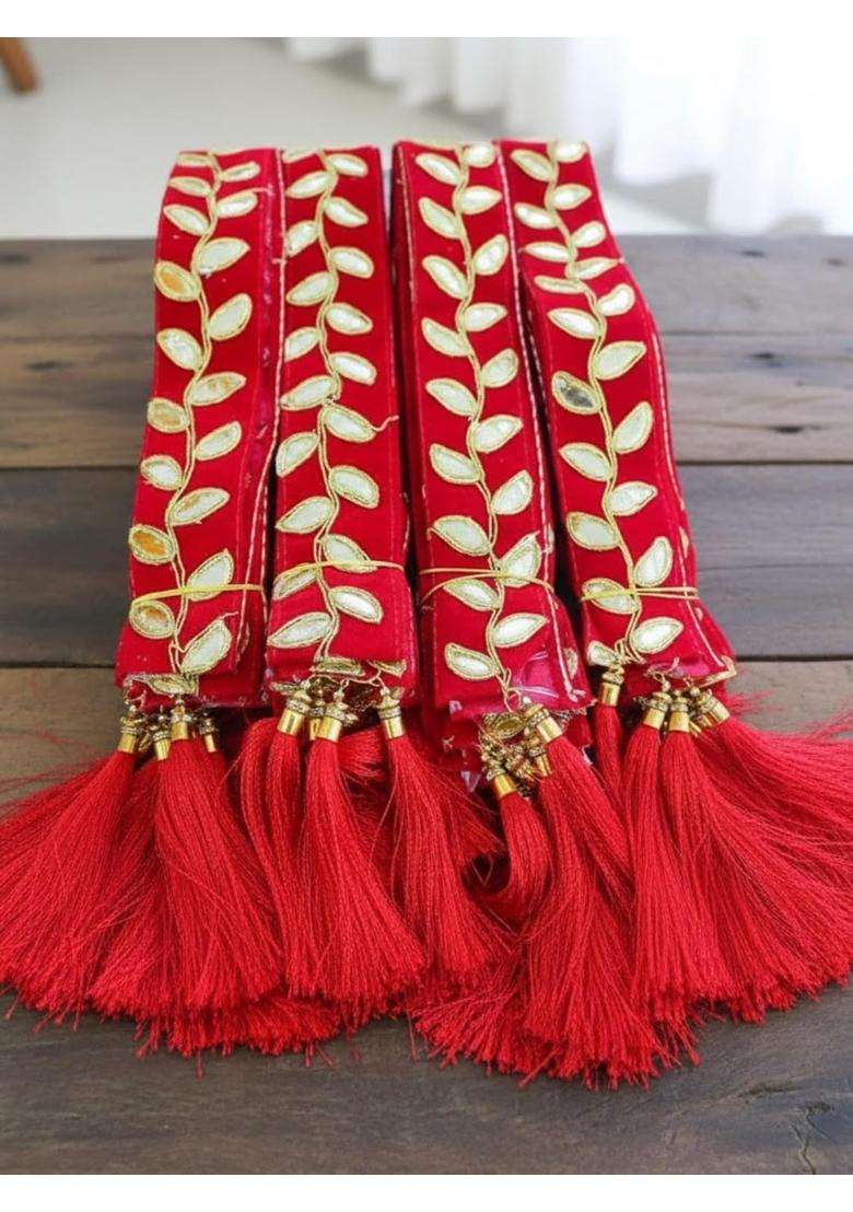 Moh and Maya Baarat Swagat Decorative Red Velvet Mala for Wedding and Guests Lace Trim with Gold Leaf Pattern - Indya