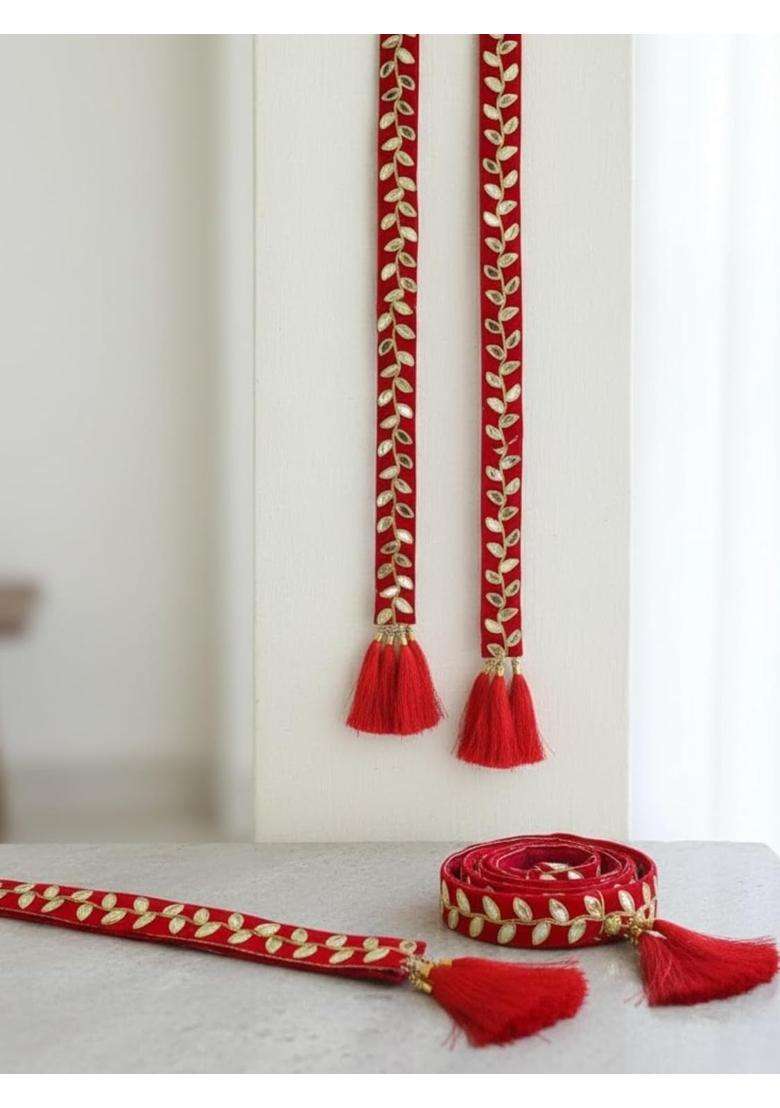 Moh and Maya Baarat Swagat Decorative Red Velvet Mala for Wedding and Guests Lace Trim with Gold Leaf Pattern - Indya
