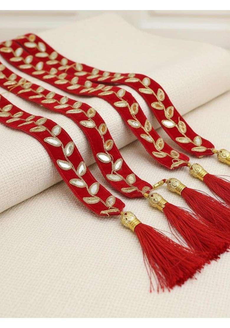 Moh and Maya Baarat Swagat Decorative Red Velvet Mala for Wedding and Guests Lace Trim with Gold Leaf Pattern - Indya