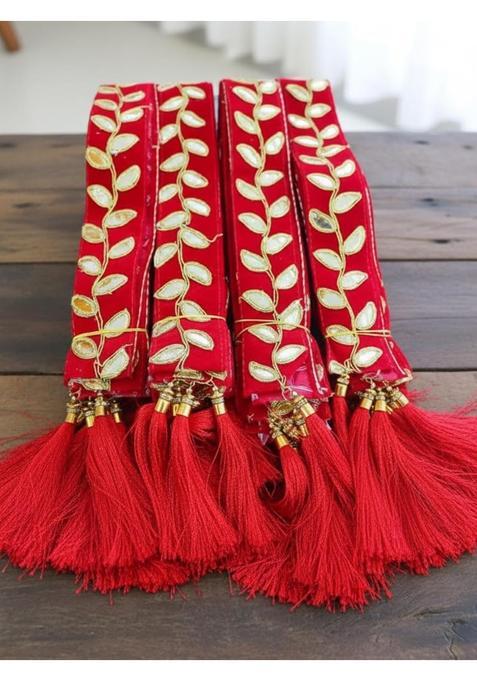 Moh and Maya Baarat Swagat Decorative Red Velvet Mala for Wedding and Guests Lace Trim with Gold Leaf Pattern