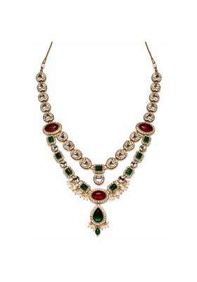 I Jewels 2 Layered Traditional Kundan Studded Red and Green Stone Mala Maharaja Haar Groom Long Necklace