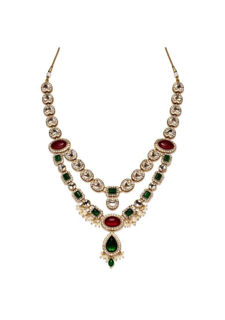 I Jewels 2 Layered Traditional Kundan Studded Red and Green Stone Mala Maharaja Haar Groom Long Necklace - Indya