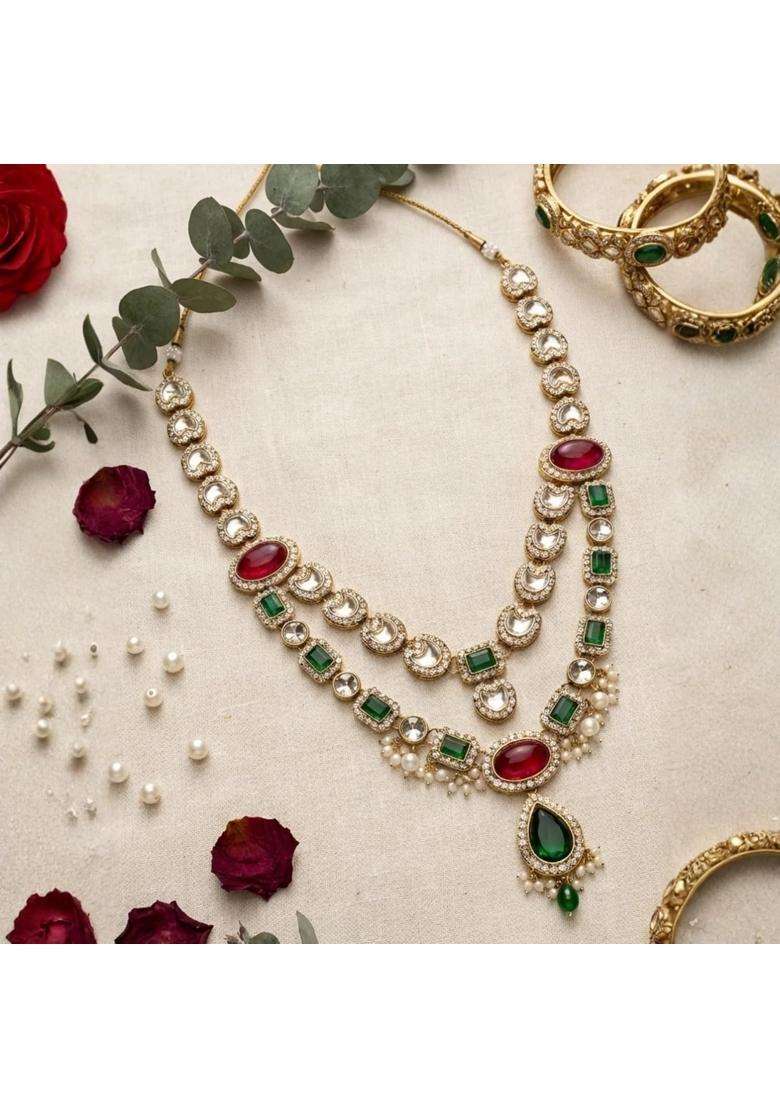 I Jewels 2 Layered Traditional Kundan Studded Red and Green Stone Mala Maharaja Haar Groom Long Necklace - Indya