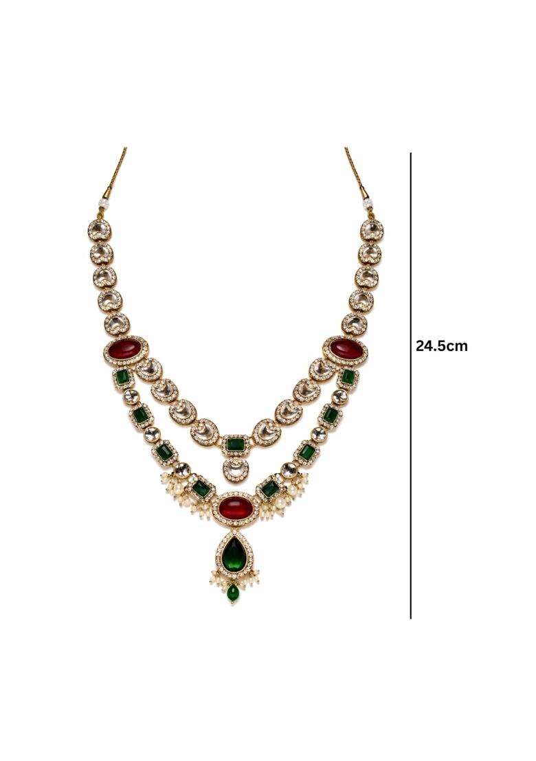 I Jewels 2 Layered Traditional Kundan Studded Red and Green Stone Mala Maharaja Haar Groom Long Necklace - Indya