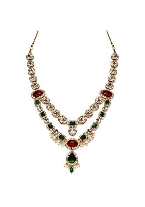 I Jewels 2 Layered Traditional Kundan Studded Red and Green Stone Mala Maharaja Haar Groom Long Necklace