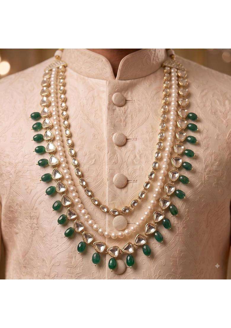 Jiyanshi Fashion Mens Kundan and Pearl Groom Necklace for Sherwani - Indya